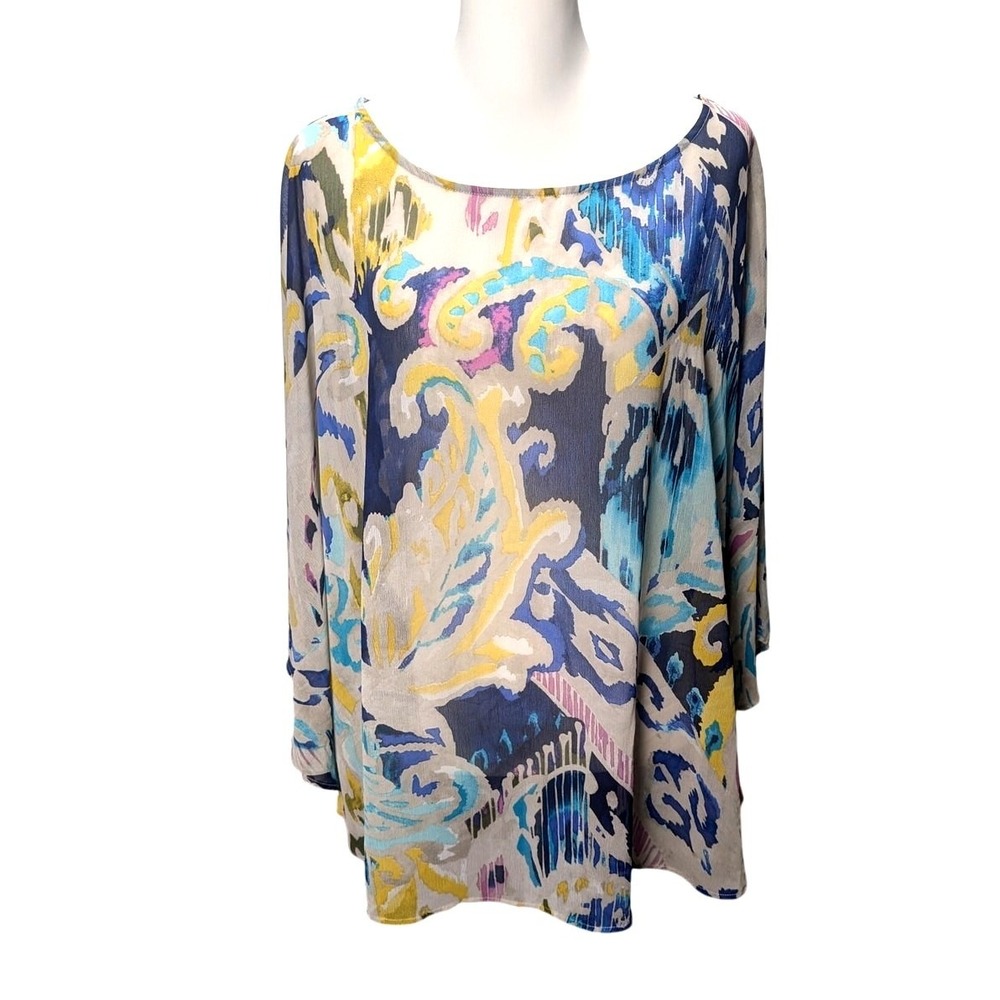Chico's Women's Batwing Blouse Silk Sheer Top Abstract Print Blue Yellow L/XL